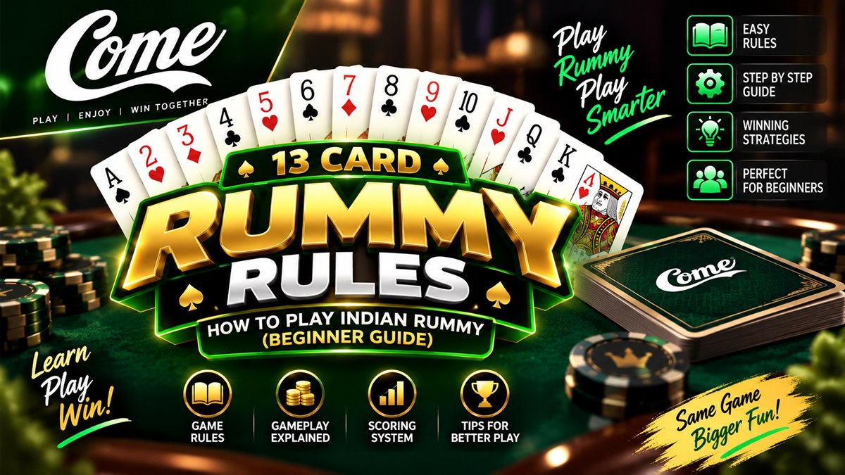 Indian Rummy 13 card rules guide showing a hand arranged into a pure sequence, an impure sequence and sets